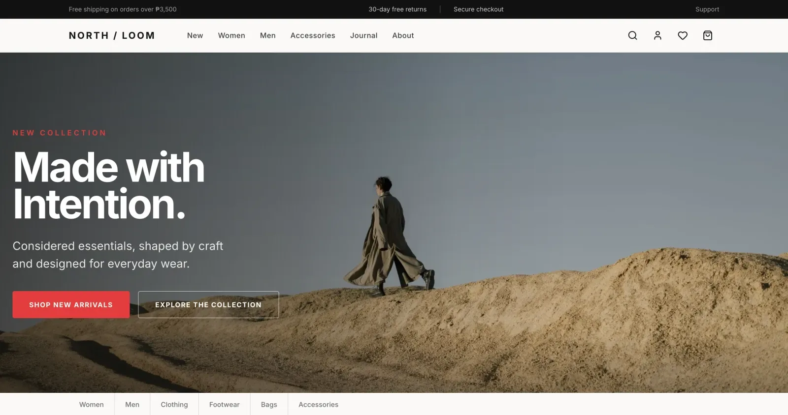 Fashion e-commerce website template built with Next.js and Tailwind CSS — editorial layout, product listings, and modern storefront design