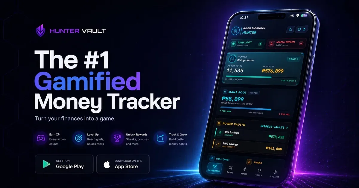 Hunter Vault app showing a portfolio value dashboard and daily quests