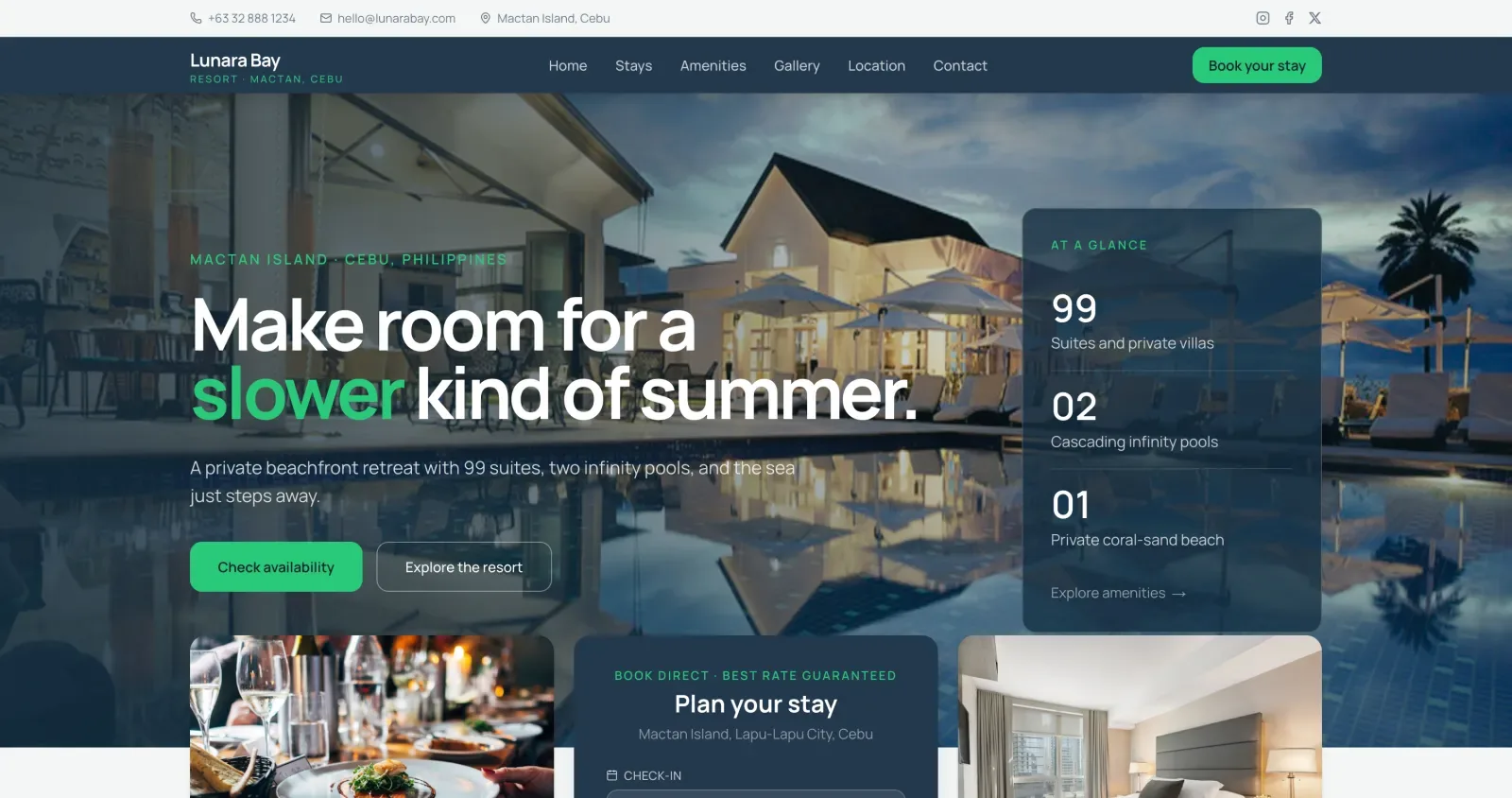 Lunara Bay resort and hospitality website template — booking sections, amenities, and coastal aesthetic built with Next.js and Tailwind CSS